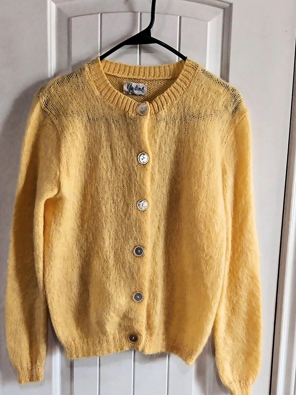 Vintage 60s Garland Mohair Knit Cardigan Sweater Yellow S M